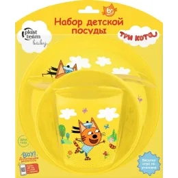 Bolalar idishlari to'plami Plast Team Baby Superstar Uch mushuk (piyola, tovoq, stakan, qoshiq)