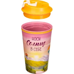 Термостакан 350 мл с клапаном для горячих напитков с декором "Солнце", Phibo розовый