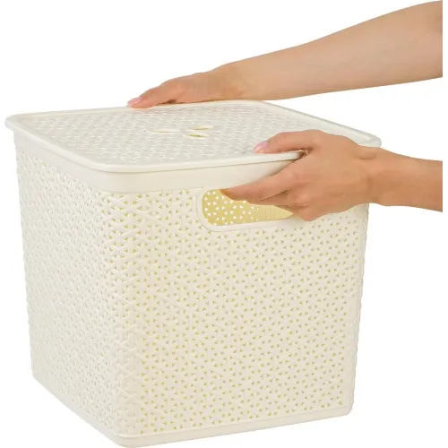 Buyumlarni saqlash savati olinadigan qopqoqlik 21L Keeplex Rattan oq bulut