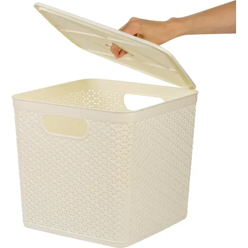 Buyumlarni saqlash savati olinadigan qopqoqlik 21L Keeplex Rattan oq bulut