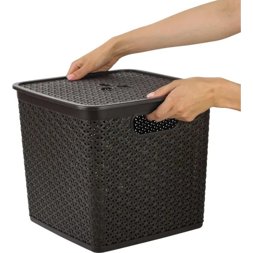 Buyumlarni saqlash savati olinadigan qopqoqlik 21L Keeplex Rattan quyuq kashtan