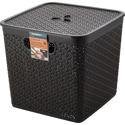 Buyumlarni saqlash savati olinadigan qopqoqlik 21L Keeplex Rattan quyuq kashtan